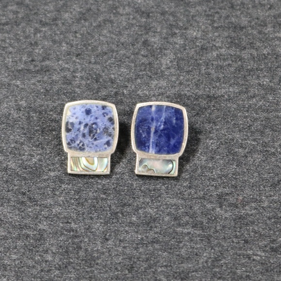 925 sterling silver blue agate and abalone studded Earrings - Picture 1 of 4
